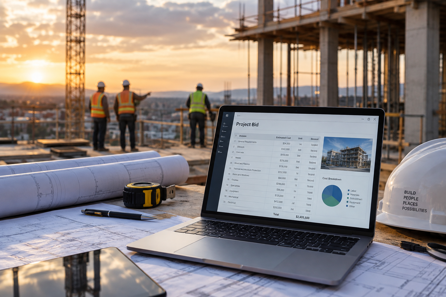 Construction bidding software showing project costs on a laptop at an active jobsite