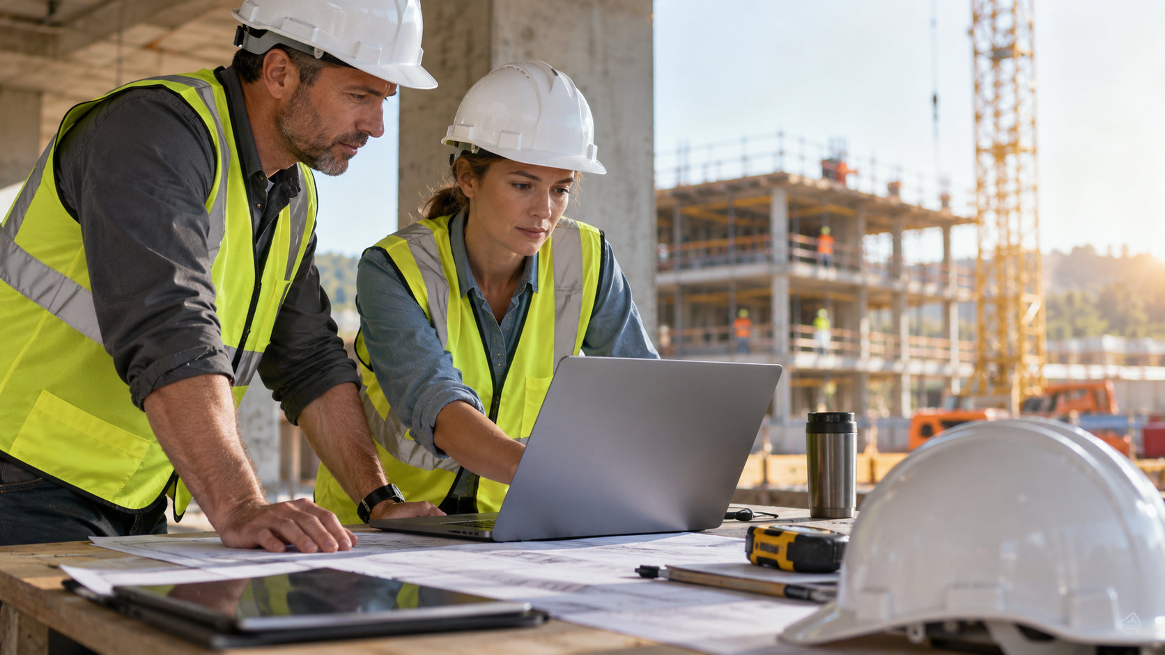 Construction team reviewing cloud-based job costing, WIP, billing, and project financial reporting in one ERP system