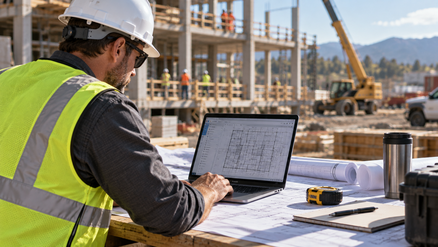 Construction estimator reviewing digital plans on a laptop at an active jobsite