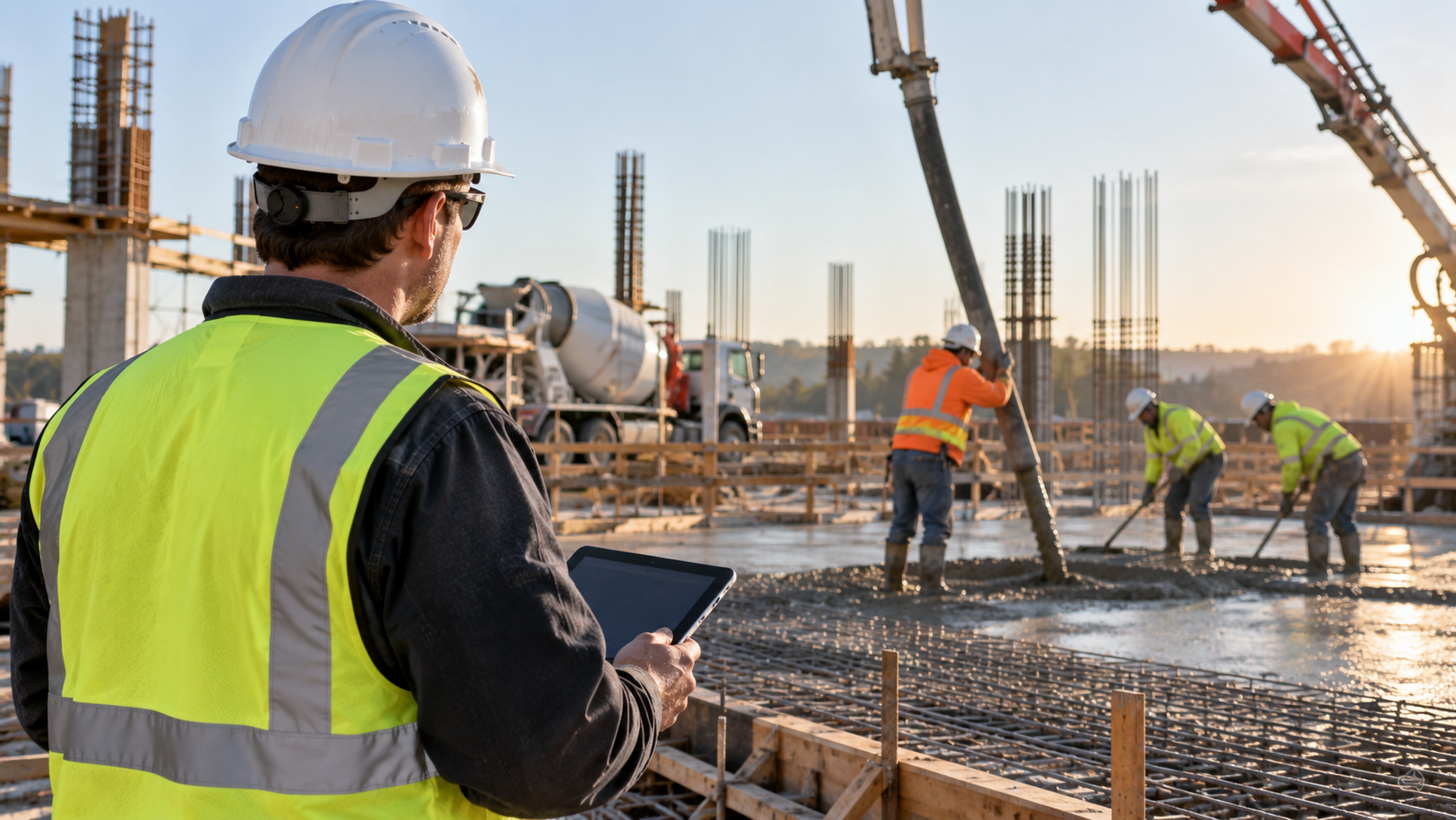 Concrete contractor reviewing project information while a crew pours a slab