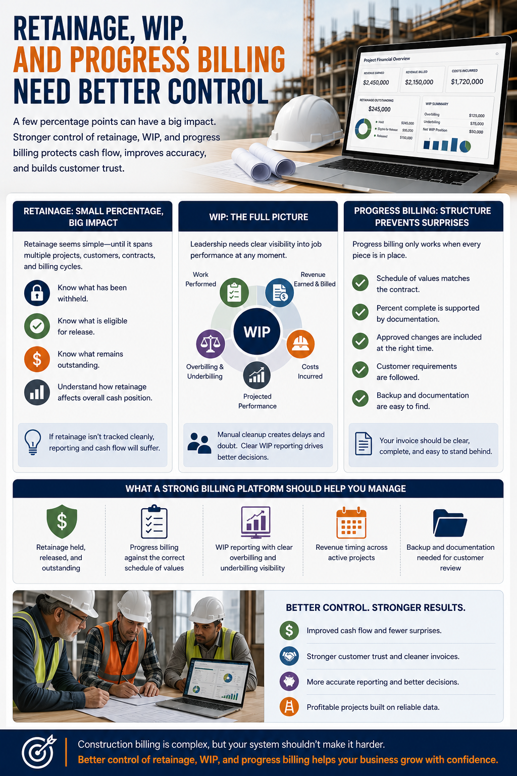 Retainage, WIP reporting, and progress billing control for contractors
