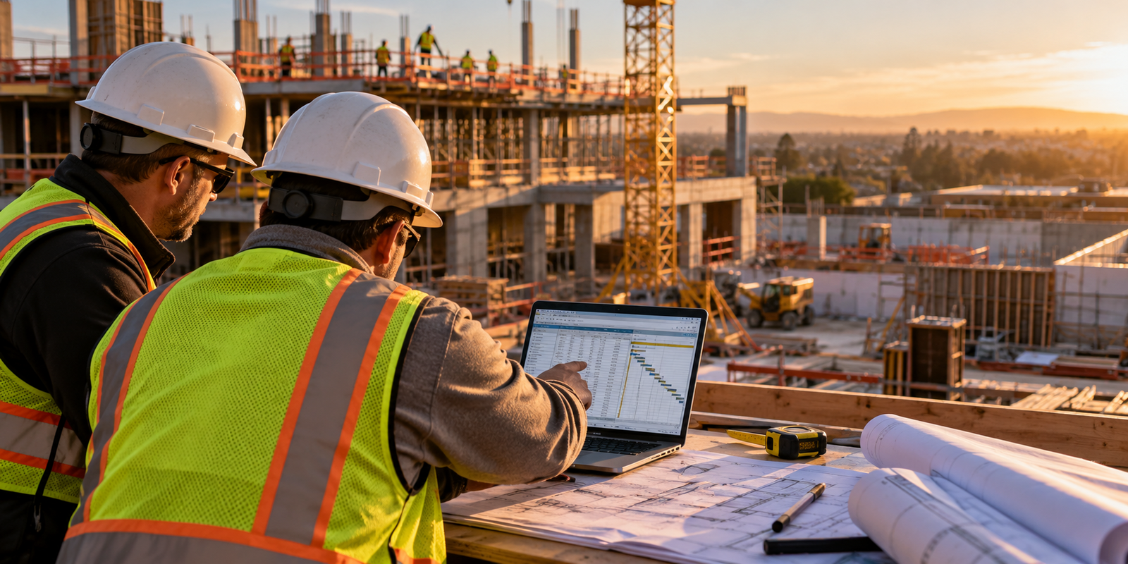 Project team reviewing a construction budget and schedule on a laptop at a jobsite