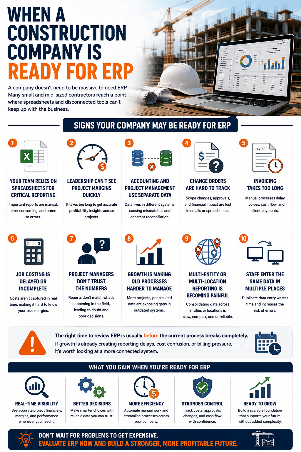 Infographic showing signs a construction company is ready for ERP including spreadsheet reliance, delayed job costing, slow invoicing, and disconnected accounting and project data