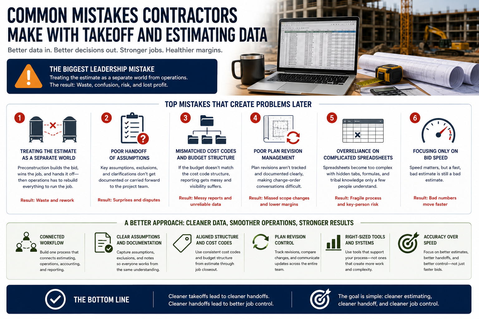 Infographic showing common mistakes contractors make with takeoff and estimating data including disconnected handoffs, overbuilt spreadsheets, and prioritizing speed over accuracy