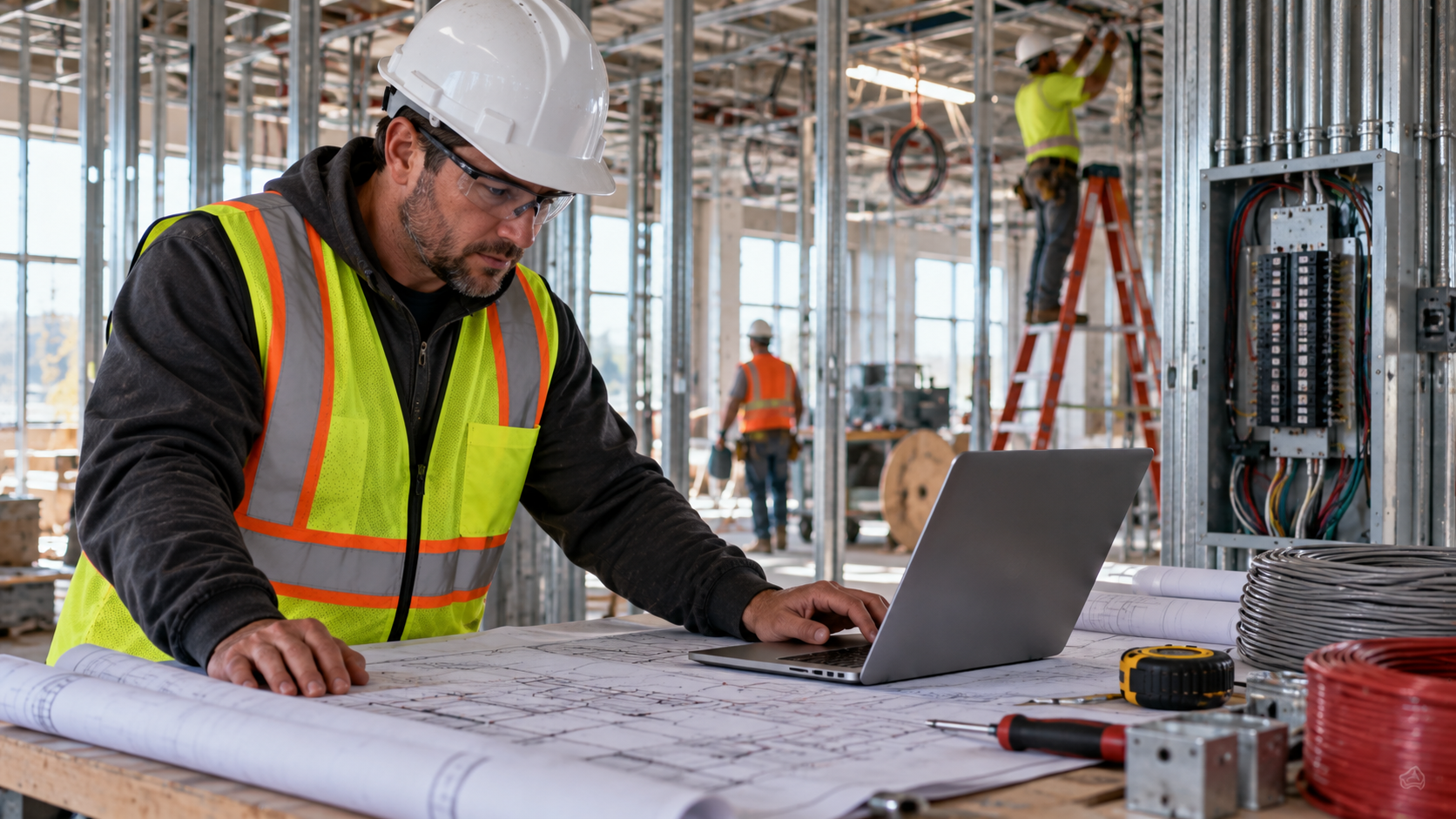 Electrical contractor reviewing plans on a laptop beside an electrical panel