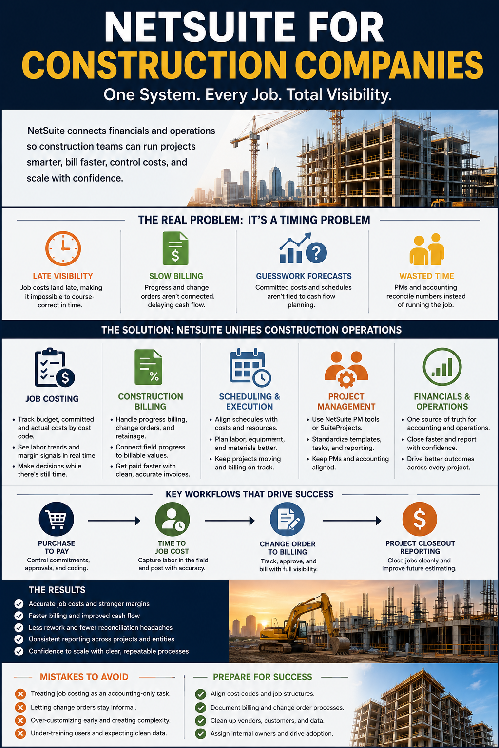 Construction project manager using Oracle NetSuite on a laptop at a job site to track KPIs, budgets, and project performance in real time