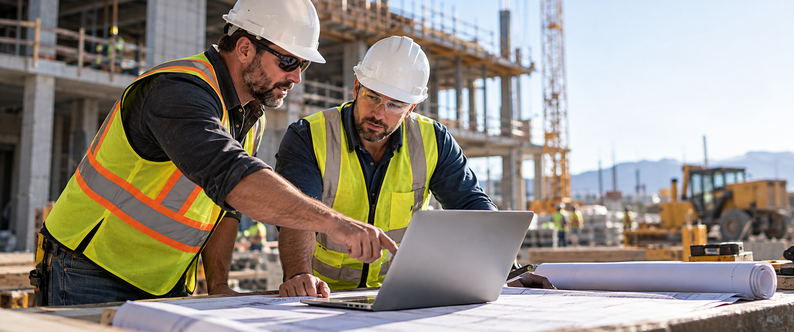Two construction professionals reviewing project financials on a laptop at a jobsite