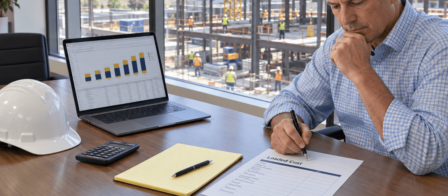 Loaded cost ladder for hiring a construction controller from base salary through ramp vacancy and concentration risk