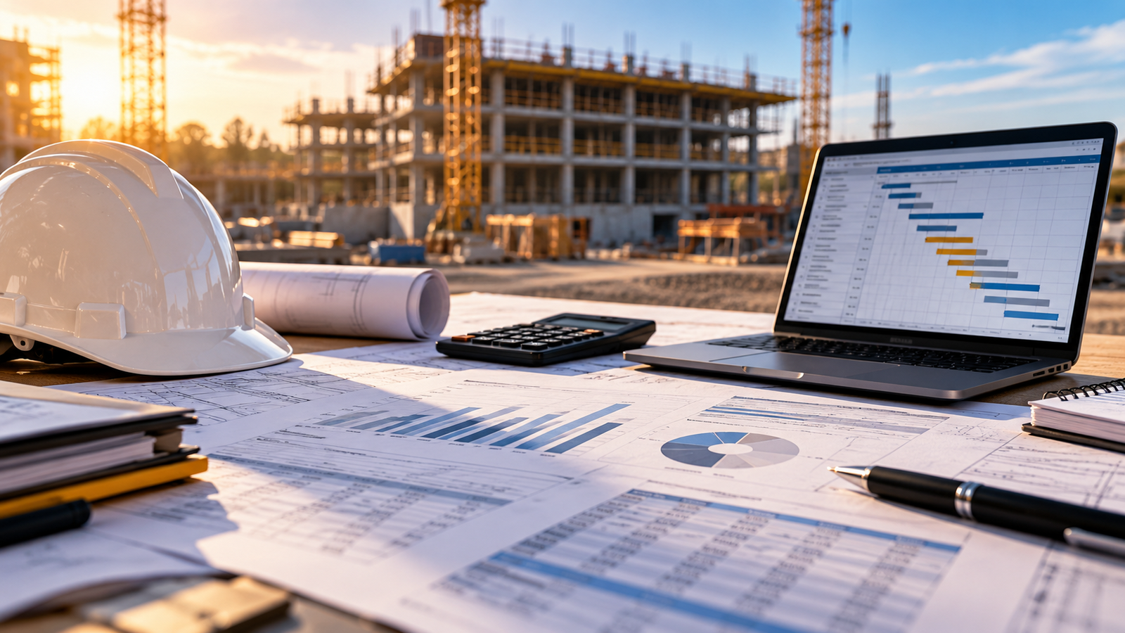Hard hat, calculator, financial reports, and a laptop schedule on a table overlooking a construction site