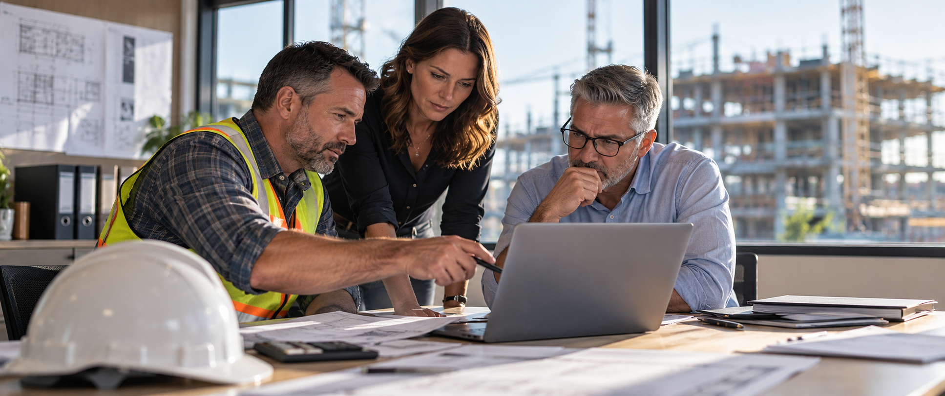 Construction project and finance leaders reviewing WIP reporting on a laptop